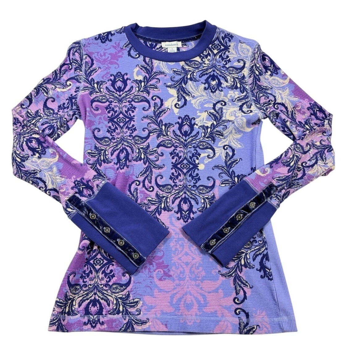 Sundance Thermal Waffle Shirt Women Purple Paisley Fairy Core Button Cuff Small