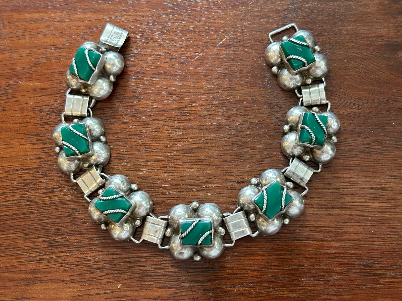 Vintage Mexico Silver Linked Chrysoprase Bracelet Silver Rope Overlay