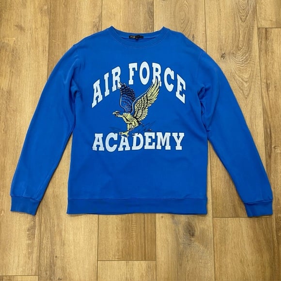 MAJE VINTAGE LOOK AIR FORCE ACADEMY SWEATSHIRT BLUE SZ 2 OR M