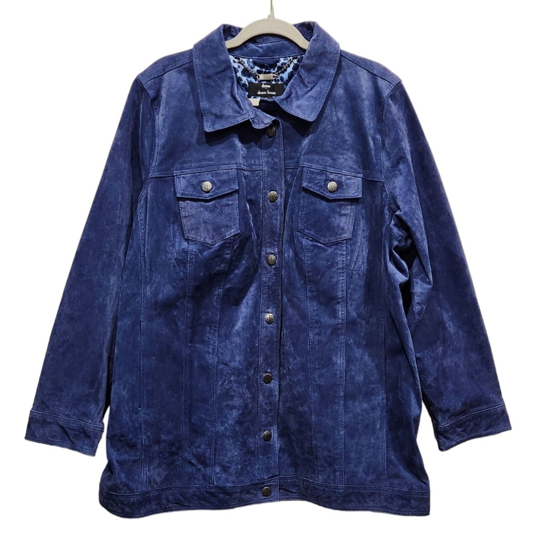 Dennis Basso Blue Washable Suede Button Front Trucker Jacket, 2X