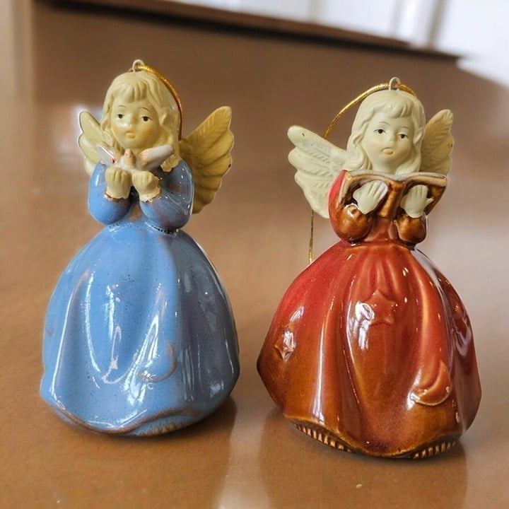 Vintage Ceramic Angel Bells Christmas Ornaments Set Of 2 Blue Red 4 Inches