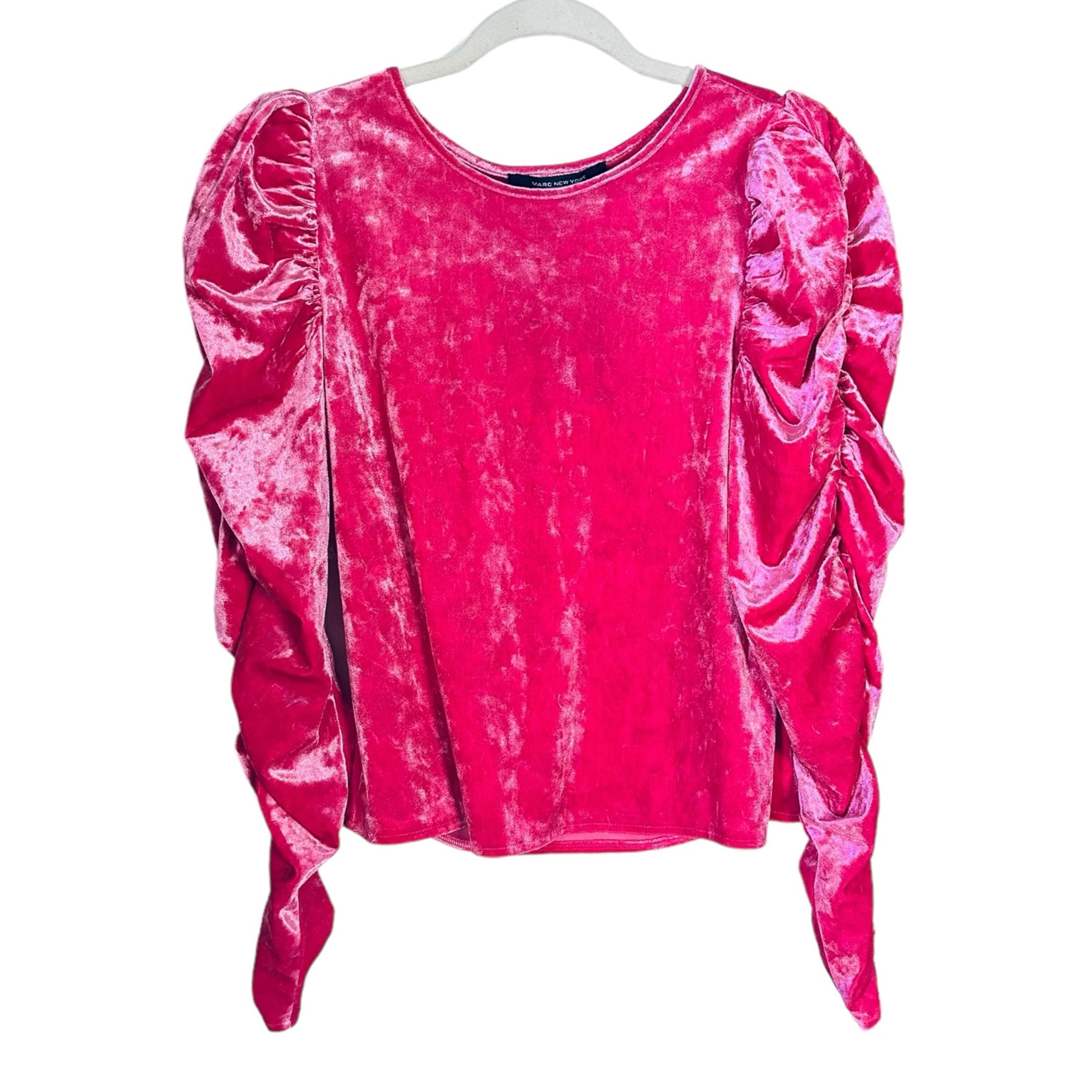 Andrew Marc New York Women Sz M Blouse Velvet Cinched Shirt Very Berry Pink NWT