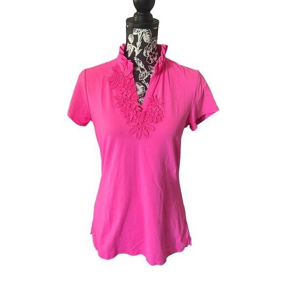 Lilly Pulitzer Luxletic Pink Floral Embellished Ruffled V Neckline Polo Top M