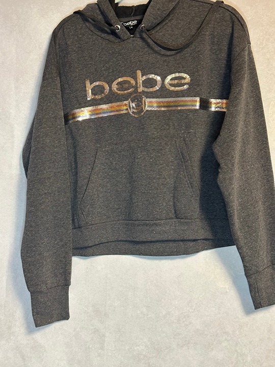 Bebe Women's Sequin Logo Hoodie Charcoal Size 1X NWT