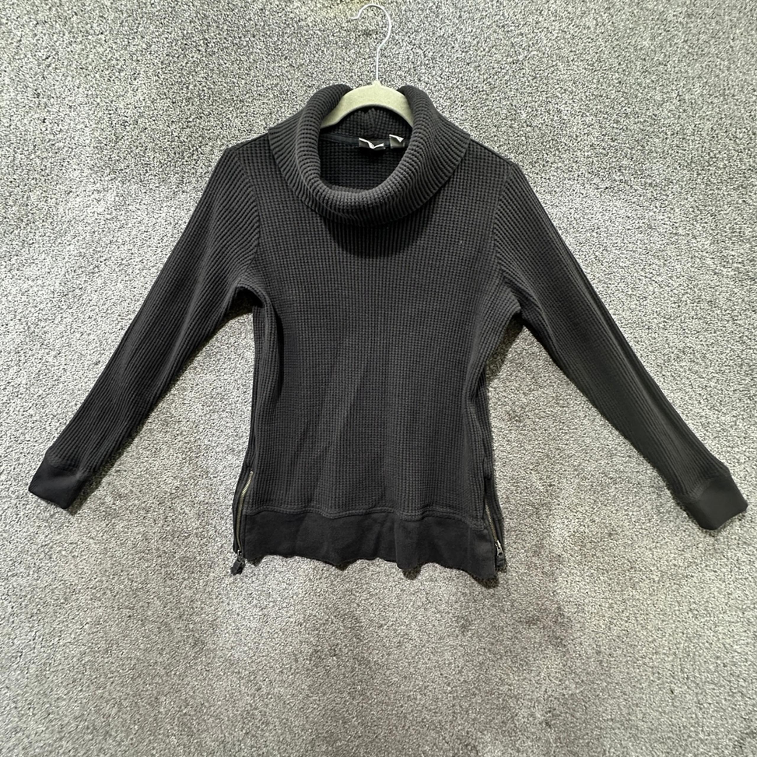 LL Bean Pullover Sweater Women XS Black Thermal Waffle Knit Cowl Neck