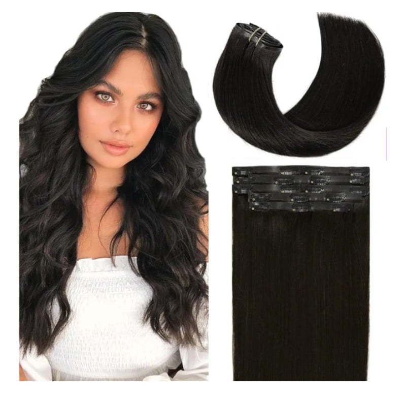 Loxxy Seamless Human Hair Clip in Extensions Natural Black 16Inch 7Pcs 130g Clip
