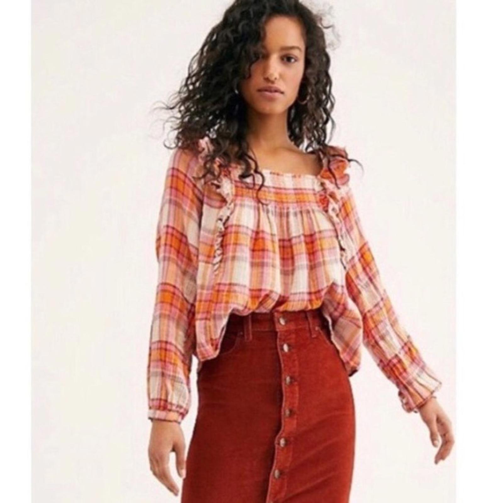 Free People Siena Plaid Long Sleeve Ruffle Top Cotton Size S New w/Tag