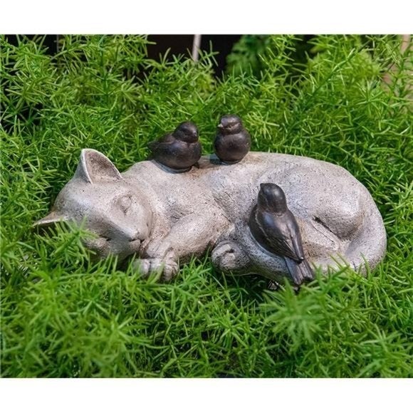 Sleeping Cat Garden Statues Outdoor - Sparrows On Cat Figurine 12 x 8 x 4.5