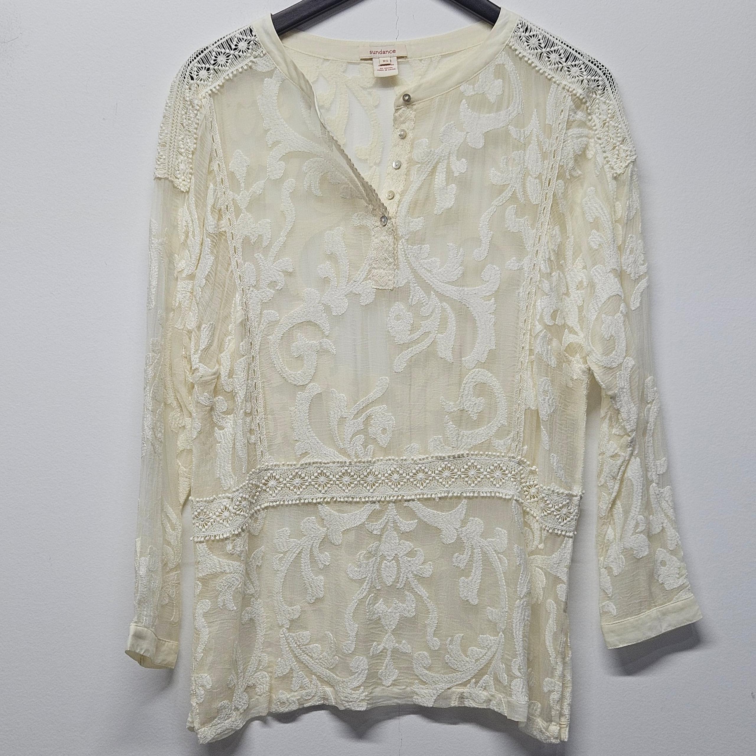 Sundance Gloriette Sheer Blouse Tunic Top Cream Embroidered Lace Trim Size XS