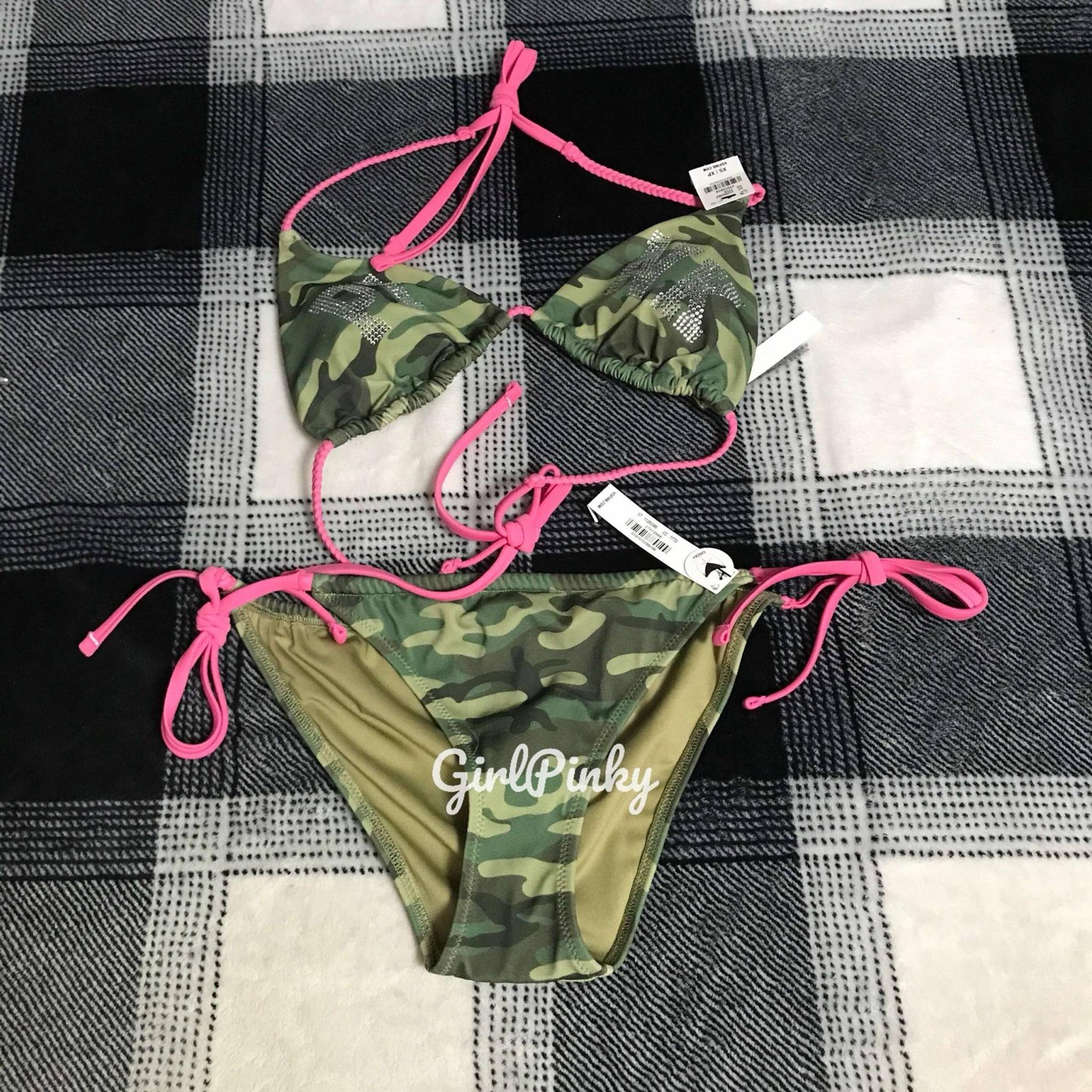VS PINK 2 PIECE CAMOUFLAGE BLING LOGO STRING BIKINI SWIM SET IN EXTRA SMALL