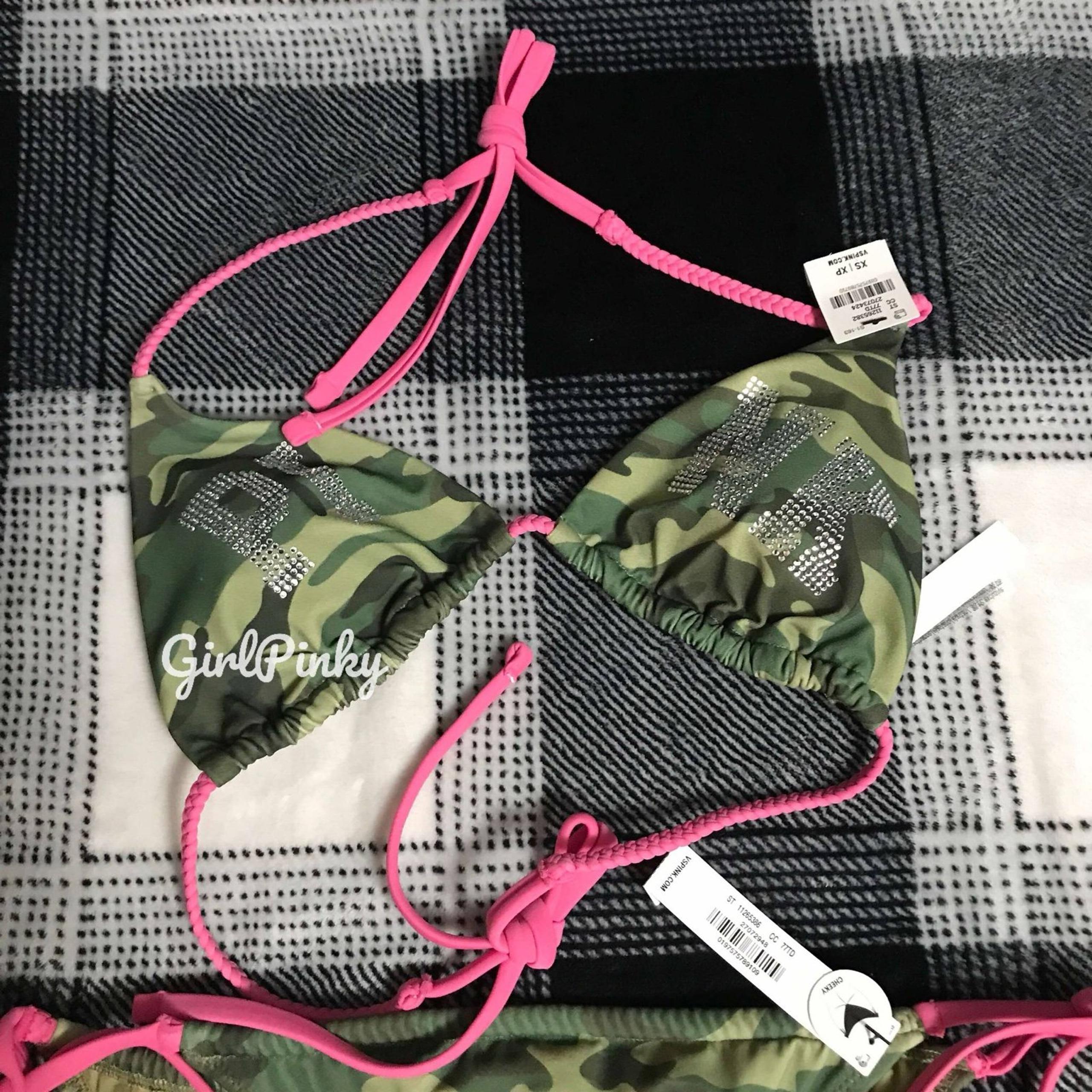 VS PINK 2 PIECE CAMOUFLAGE BLING LOGO STRING BIKINI SWIM SET IN EXTRA SMALL