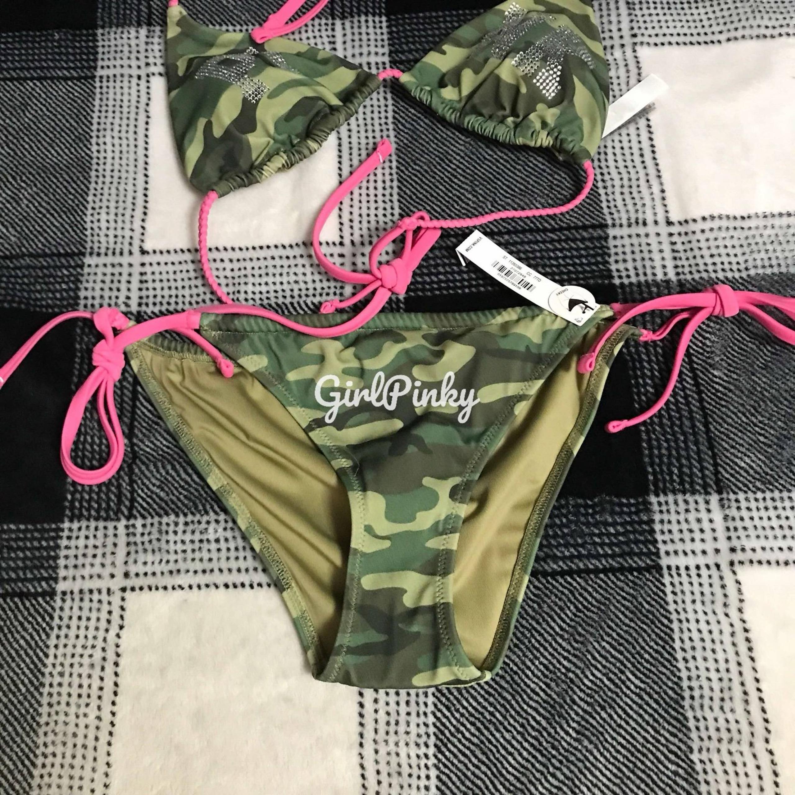 VS PINK 2 PIECE CAMOUFLAGE BLING LOGO STRING BIKINI SWIM SET IN EXTRA SMALL