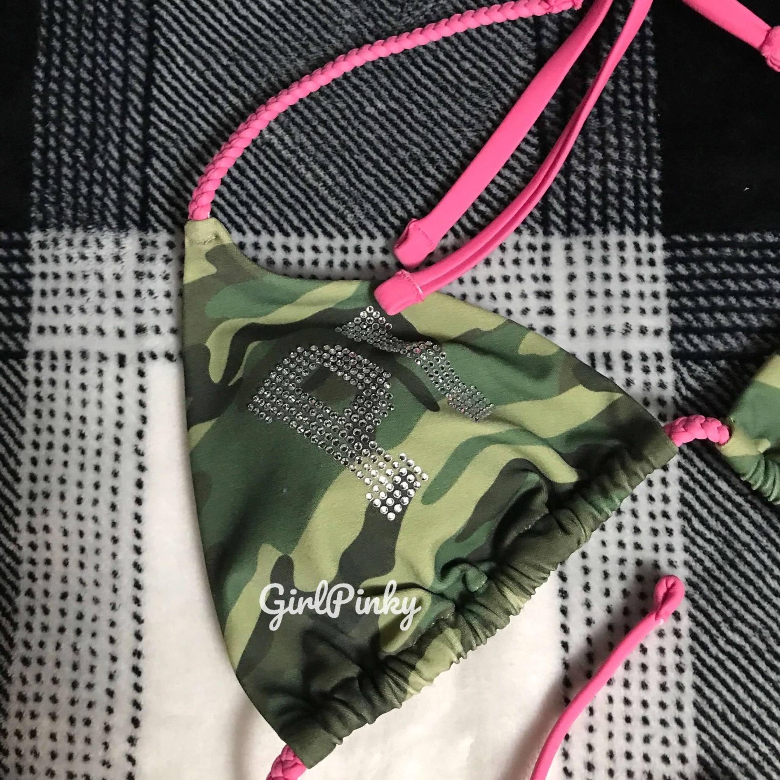 VS PINK 2 PIECE CAMOUFLAGE BLING LOGO STRING BIKINI SWIM SET IN EXTRA SMALL