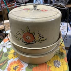 Vintage Metal Cake & Pie Carrier with Glass Knob Handle Floral Cream