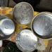 Vintage Metal Cake & Pie Carrier with Glass Knob Handle Floral Cream
