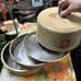 Vintage Metal Cake & Pie Carrier with Glass Knob Handle Floral Cream