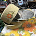 Vintage Metal Cake & Pie Carrier with Glass Knob Handle Floral Cream