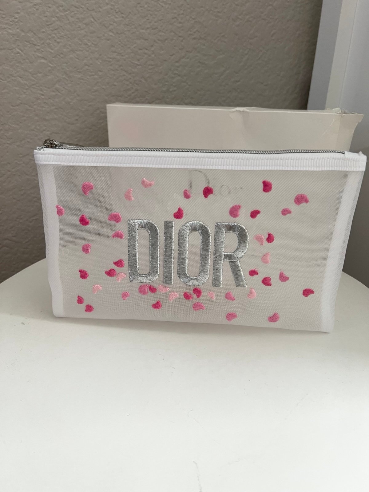 NWT Dior White and Pink Embroidered Pouch