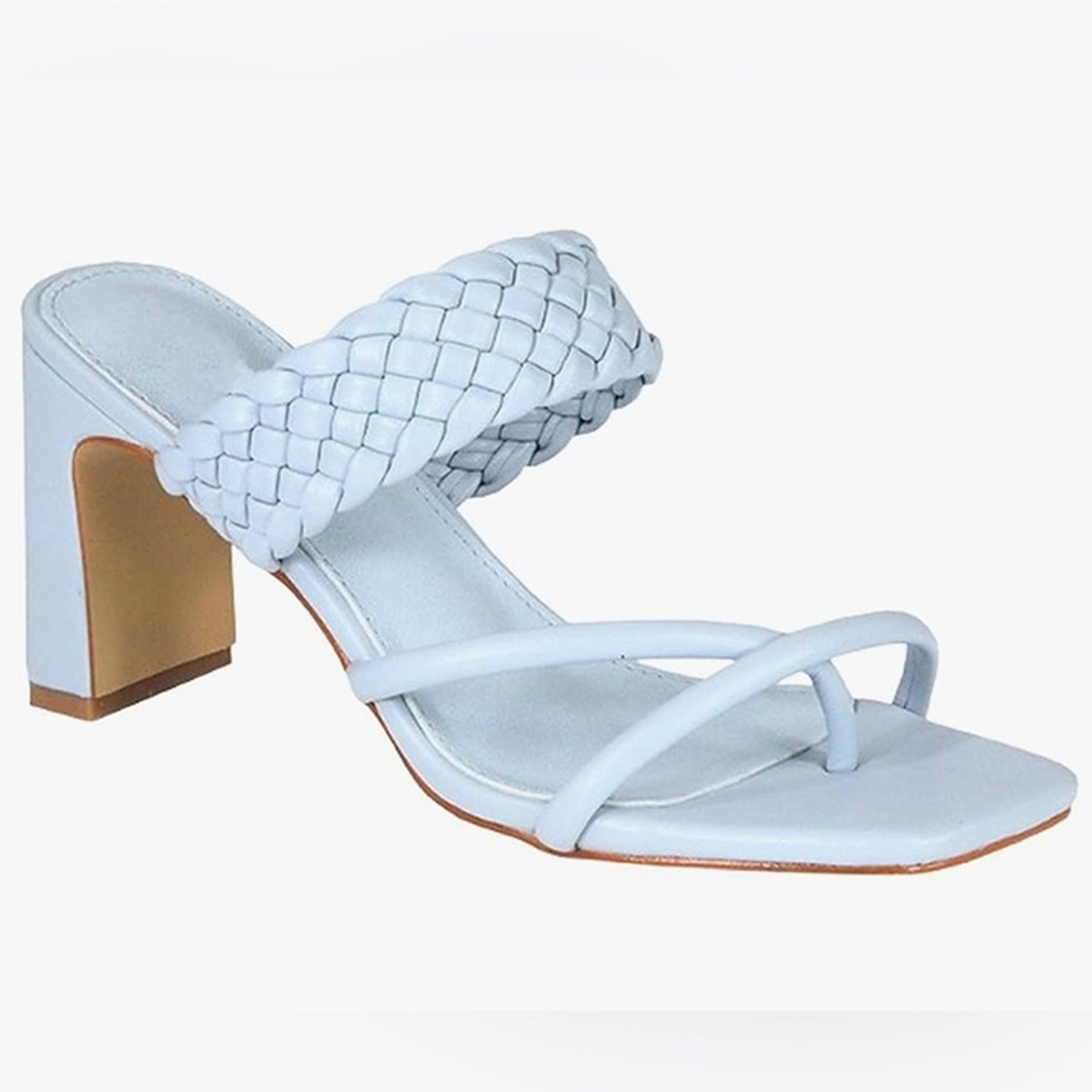 NEW| Women's Pastel Blue Braided ChunkyBlock Heel Slide Sandals