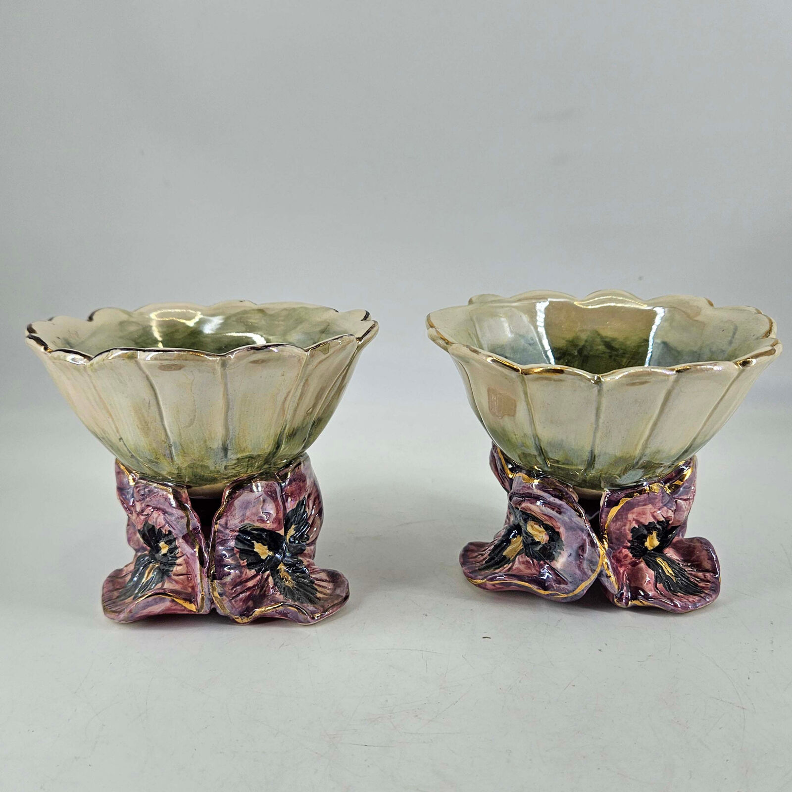Pair of vintage luster ceramic Heather Goldminc violet pansie votive dishes