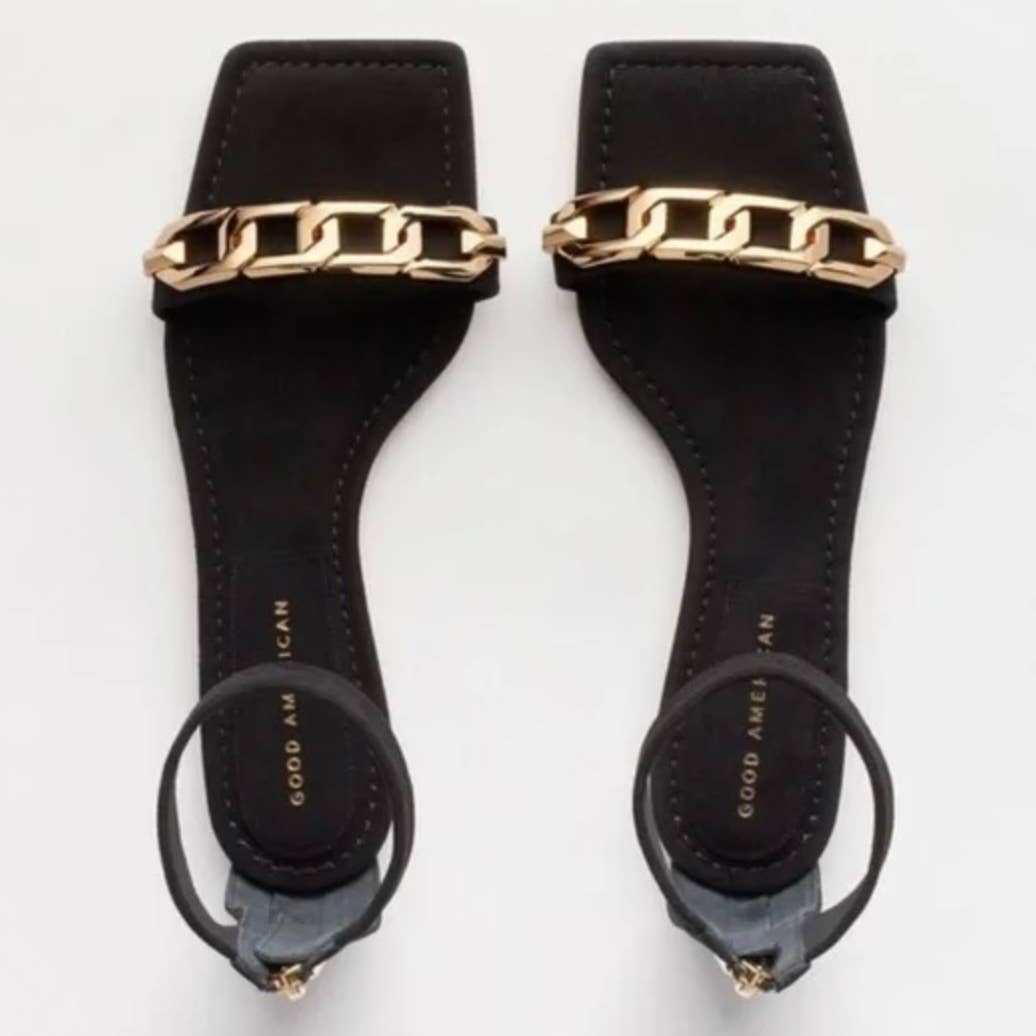 Good American Suede Chain Ankle Strap Flat Sandals In Black Size 9.5 New