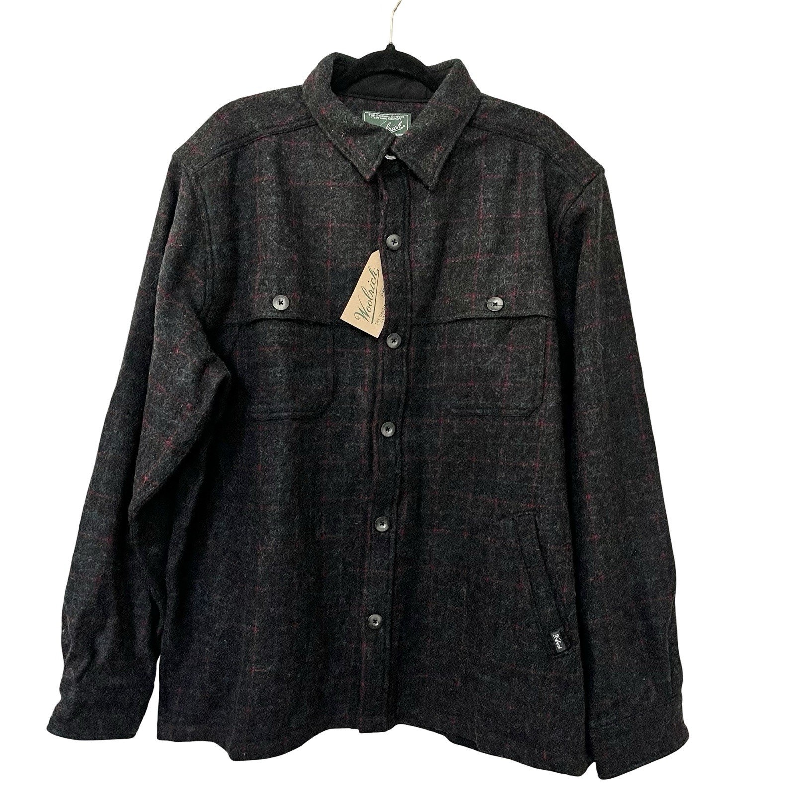 Woolrich Wool Stag Button Shirt Men's Size XL Gray Plaid Shacket Outdoors NEW