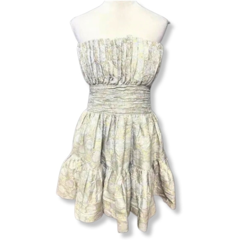 ByTimo A-Line Mini Dress Ruffled Hem Strapless Floral Brocade Blue Gold L NWOT
