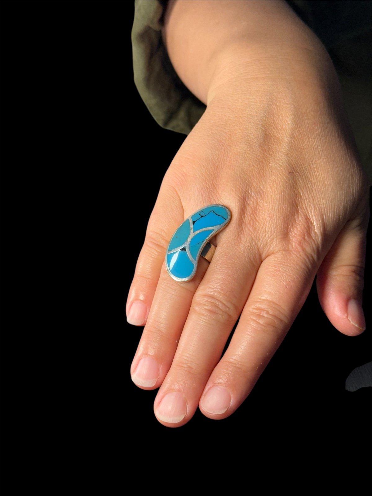 Statement Turquoise Inlay Ring – Size 7, Sterling Silver, 12g
