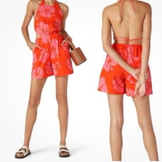 Staud Red and Pink Floral Printed Georgia Romper Sleeveless Size 0