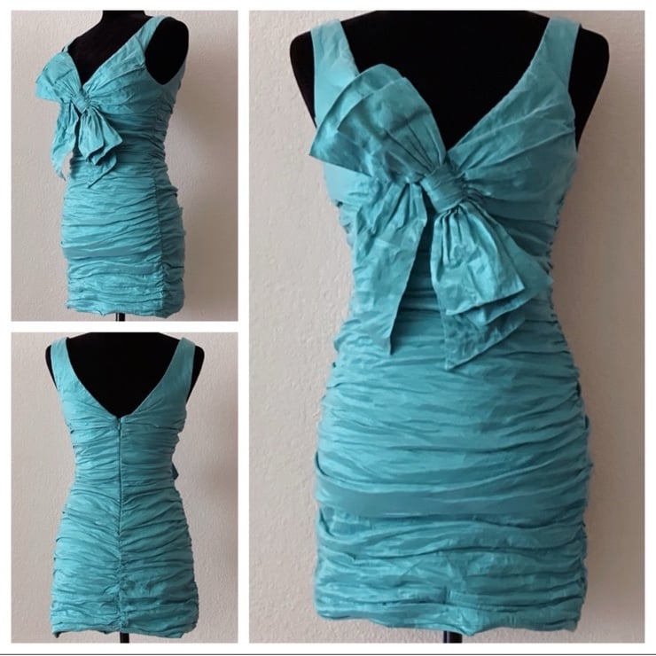 最終SALE! BCBG MAXAZRIA TAFFETA DRESS BCBGMaxAzria Ruched Front Bow Taffeta Dress