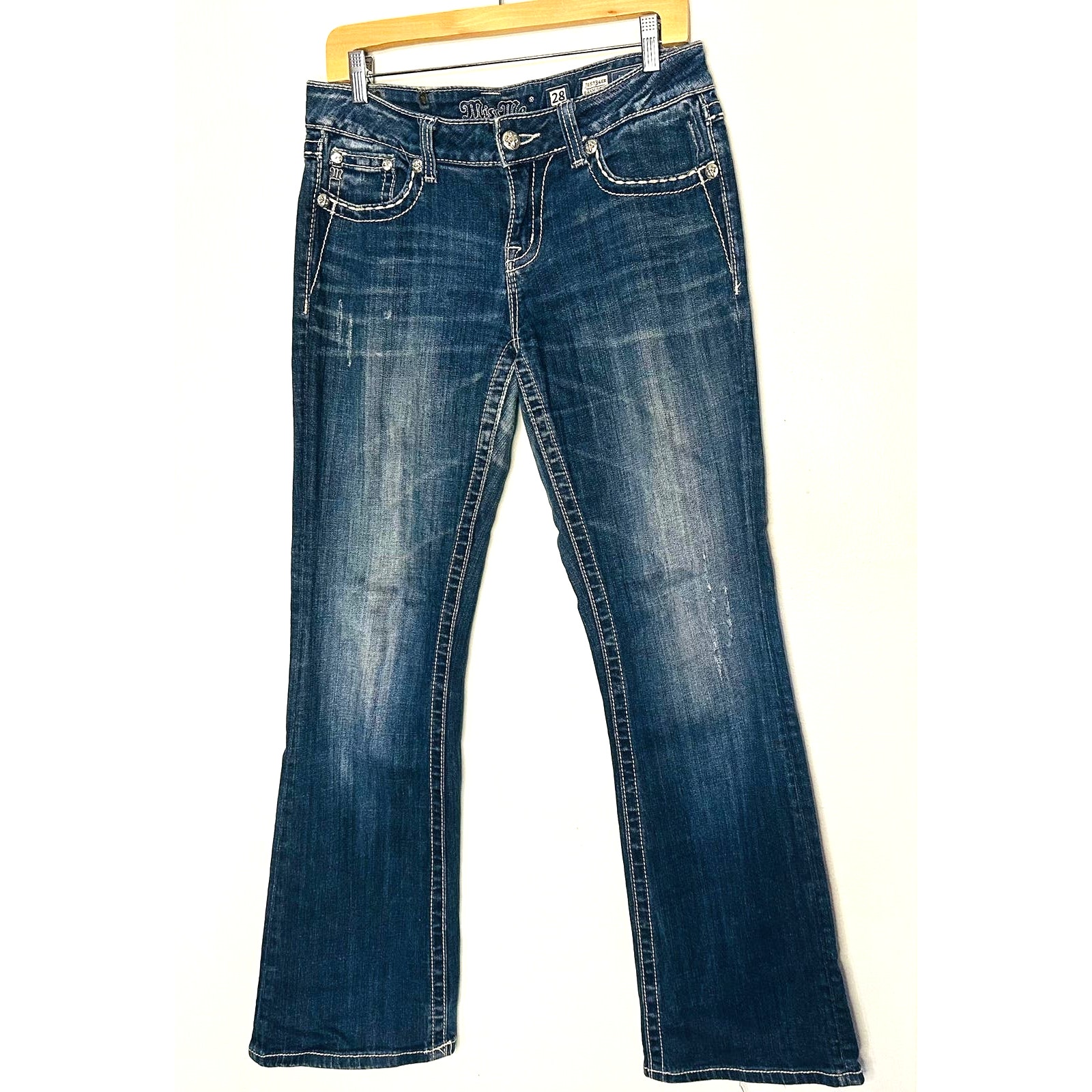MISS ME Women’s Dark Wash Denim Easy Boot Distressed Flared Jeans Size 28