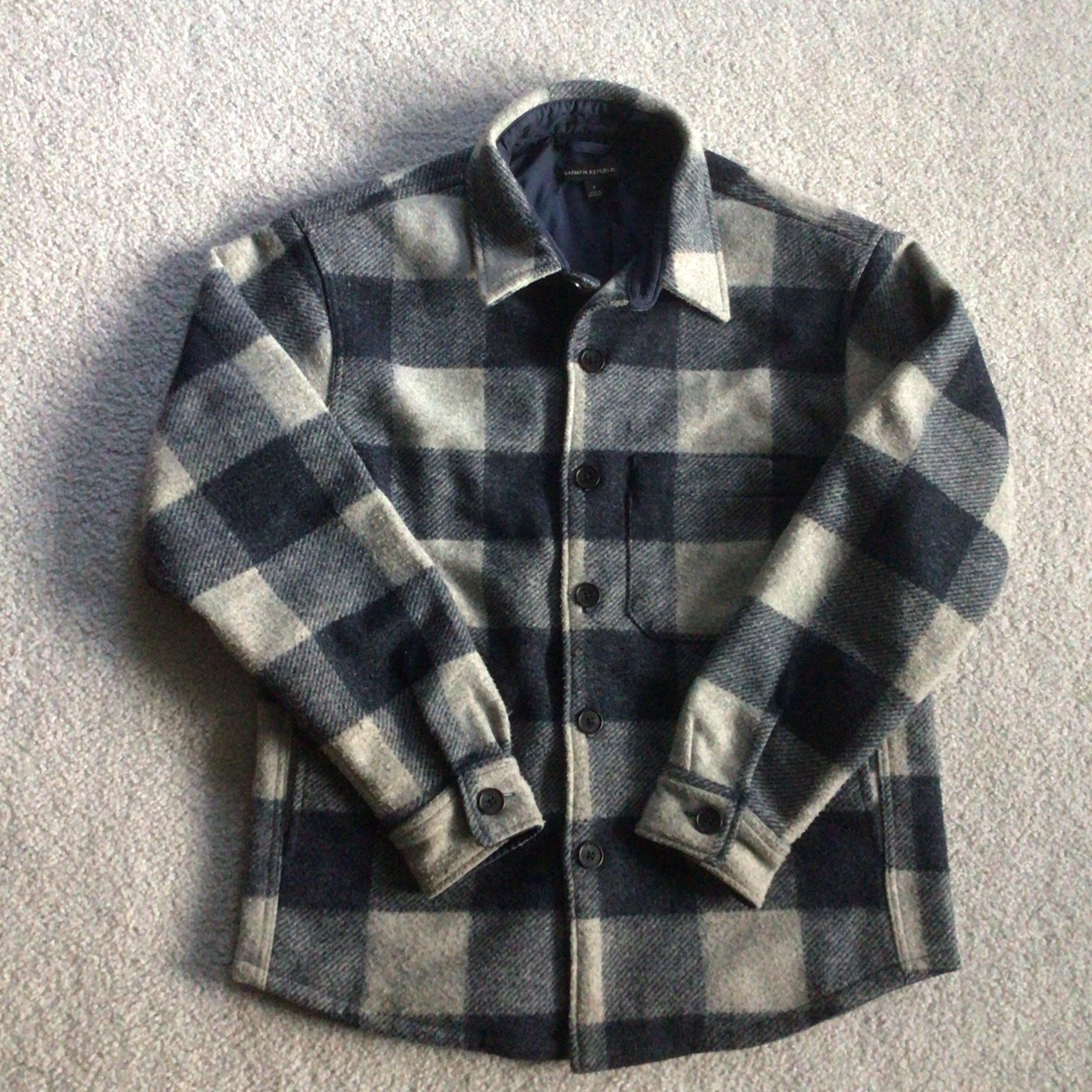 Banana Republic Heritage Lined Shirt Jacket Heavyweight Navy Gray Plaid Men's S