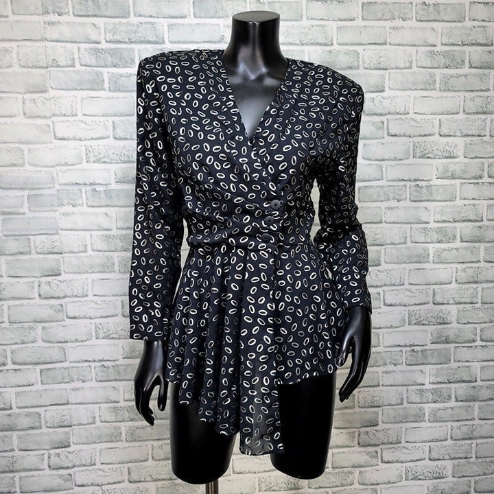Vintage 80s LEGER S/M Black Silver Dbl Breasted Broad Shoulder Peplum Blouse USA