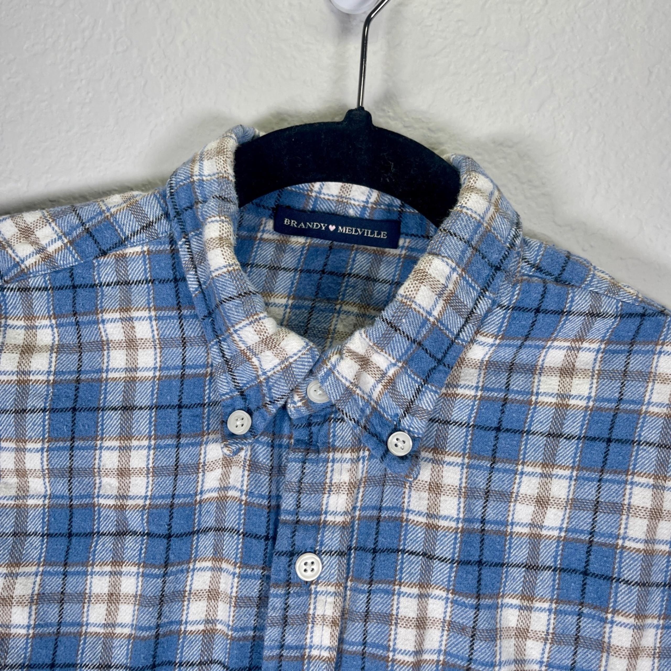 Brandy Melville Flannel Shirt Plaid Button Down Long Sleeve Blue White XL