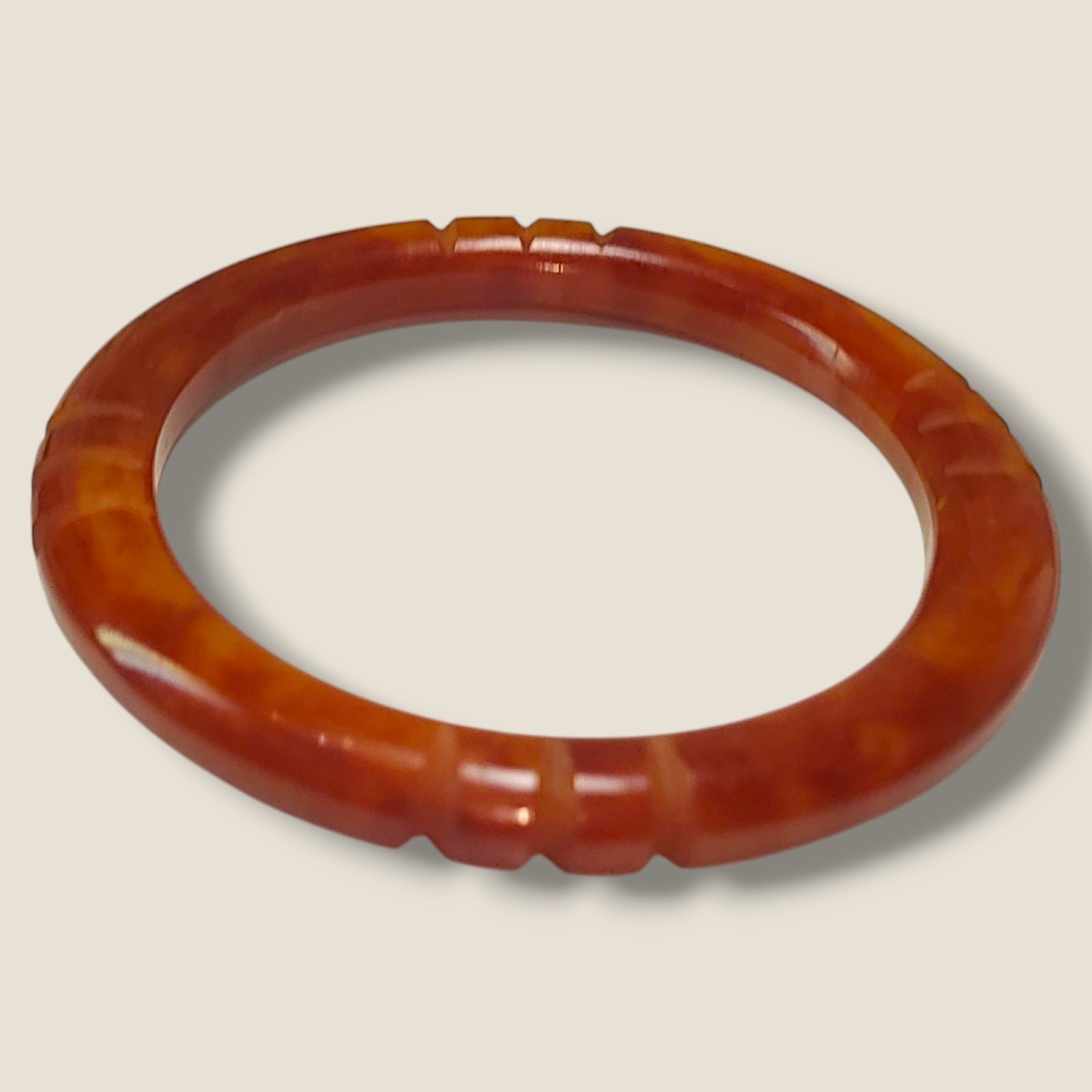 Vintage Amber Brown Orange Carved Bakelite Bangle Bracelet