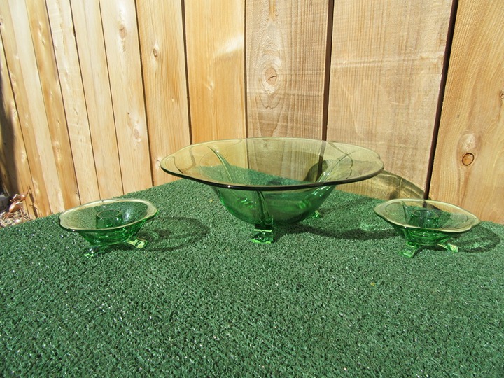 Vintage 3 Footed Mercury Uranium Glass Bowl & 2 Matching Candlestick Holders