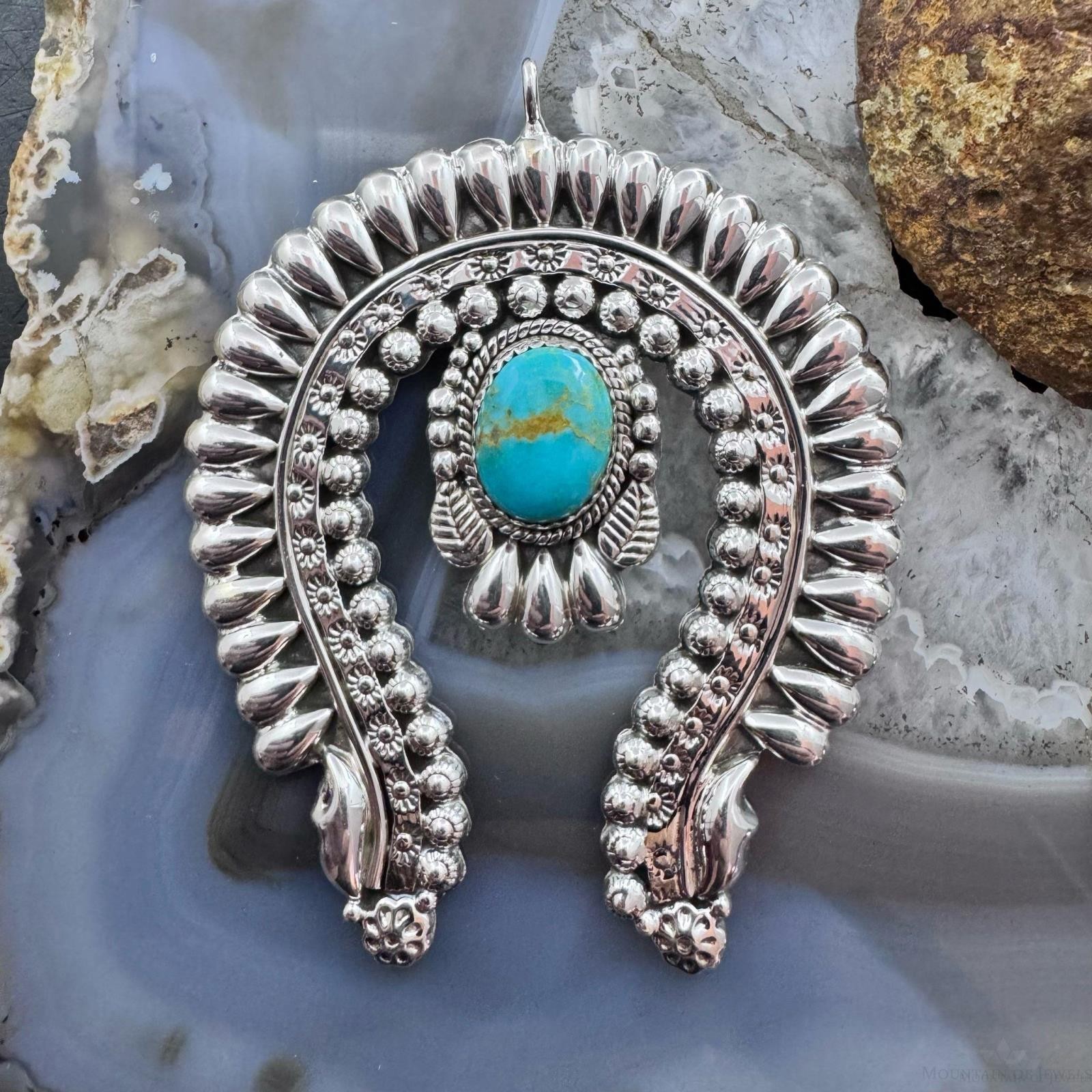 Sterling Southwestern Style Oval Turquoise Decorated Naja Pendant For Women