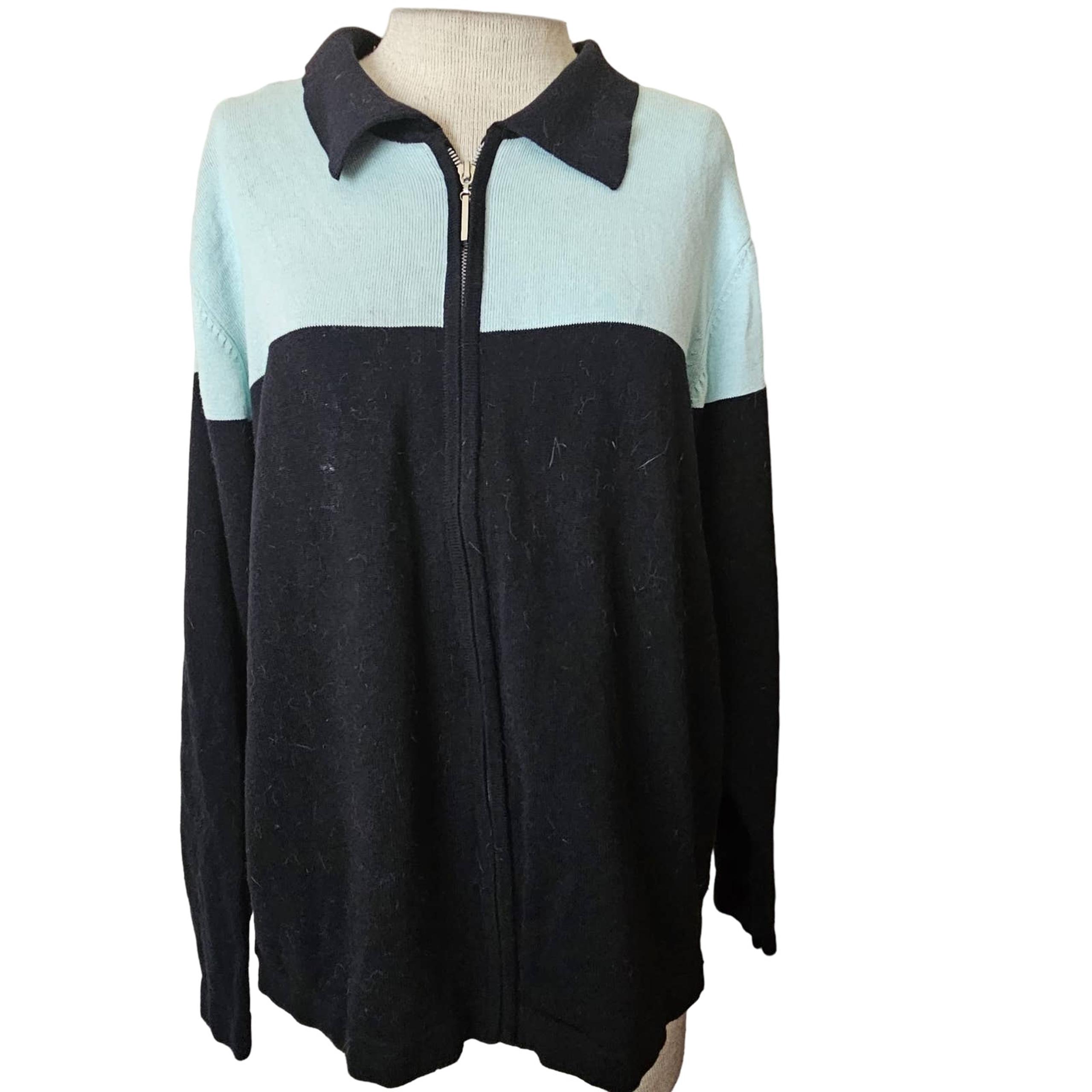 Black and Blue Collared Color Block Full Zip Up Sweater Size Large