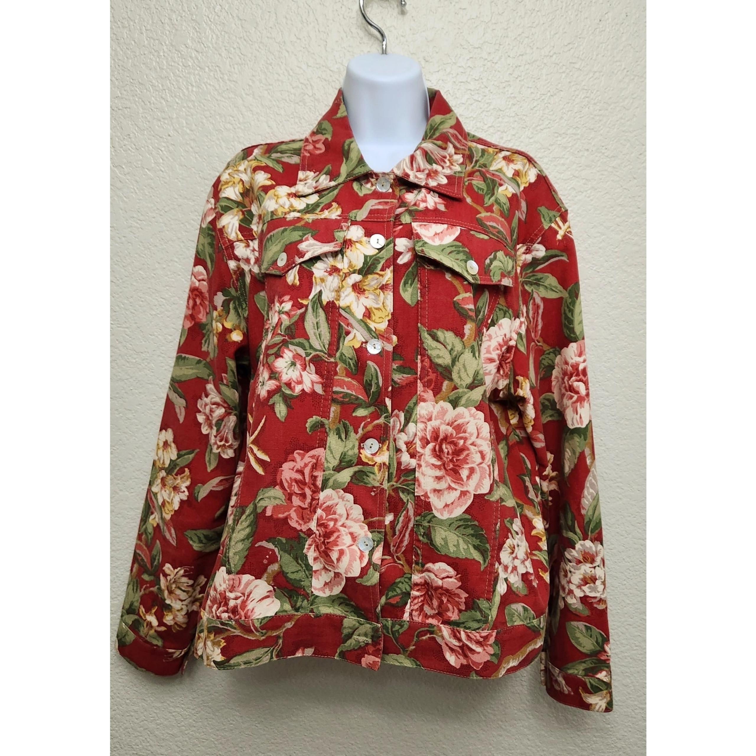 Vintage Burnt Orange Pink Floral Print Button Up Denim Jacket Large Lightweight
