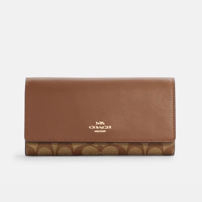 Coach Slim Trifold Wallet In Signature Canvas Gold/Khaki Saddle 2
