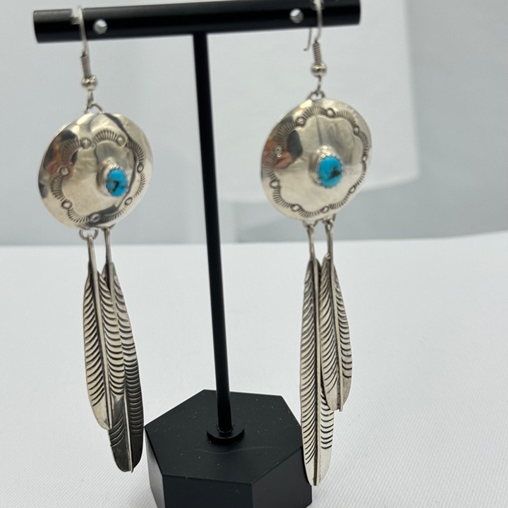 Navajo Sterling Silver & Turquoise Feather Earrings By Robert Becenti