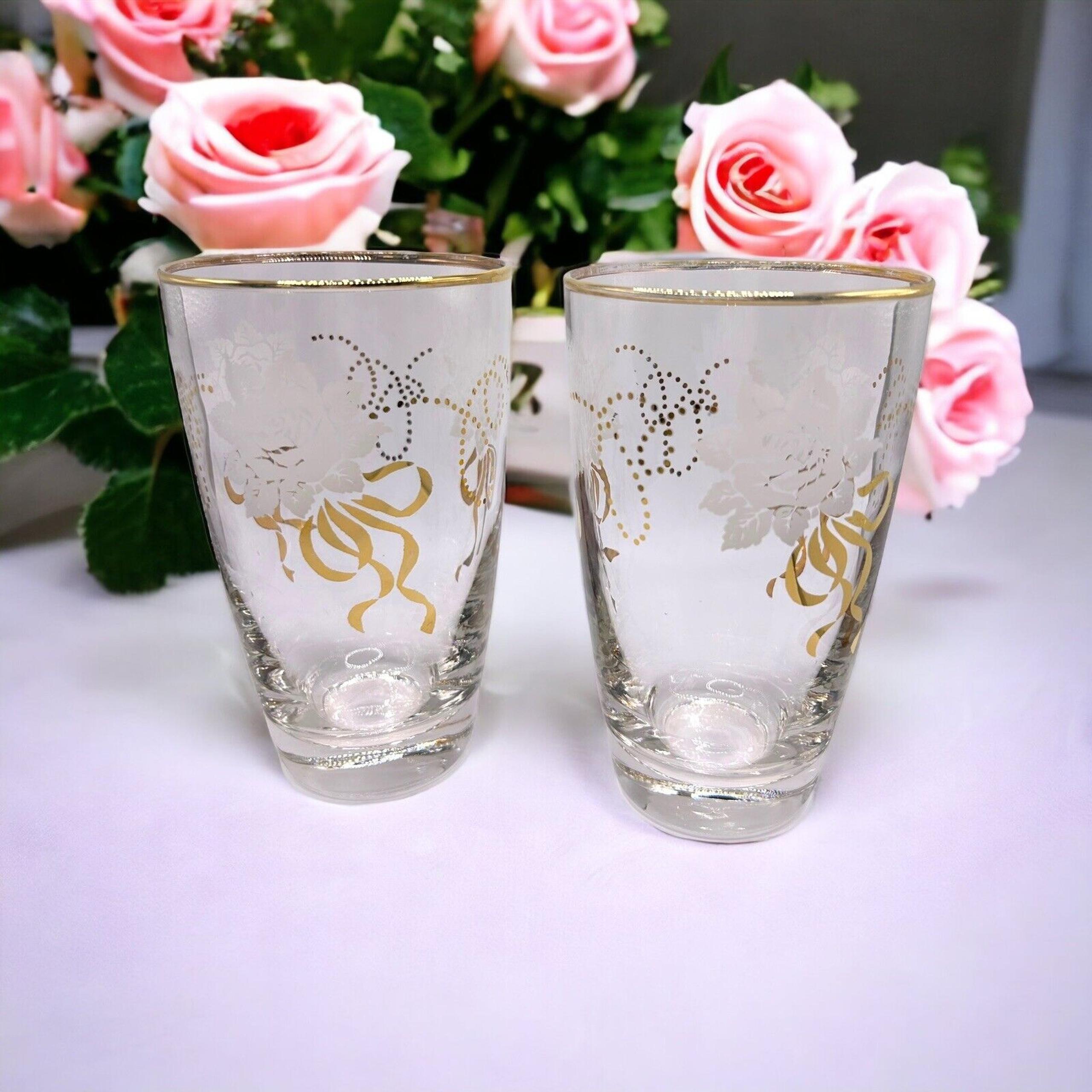 Vintage Libbey Gold White Rose Bouquet 12oz Glasses with Gold Rim Set of 2