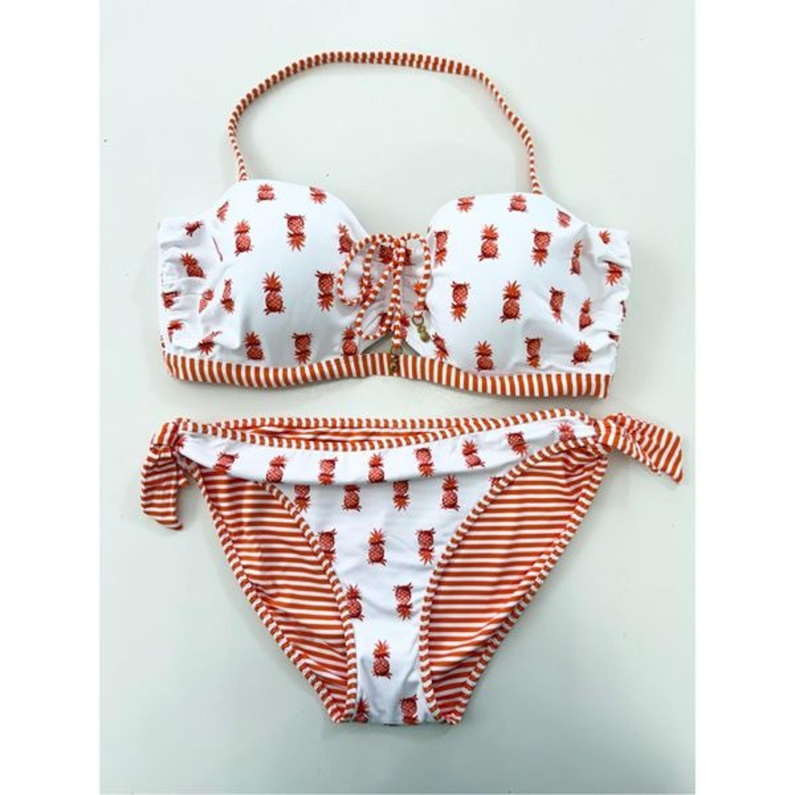 Tommy Bahama Orange Pineapple & Striped Print Reversible Swim Bikini Set L