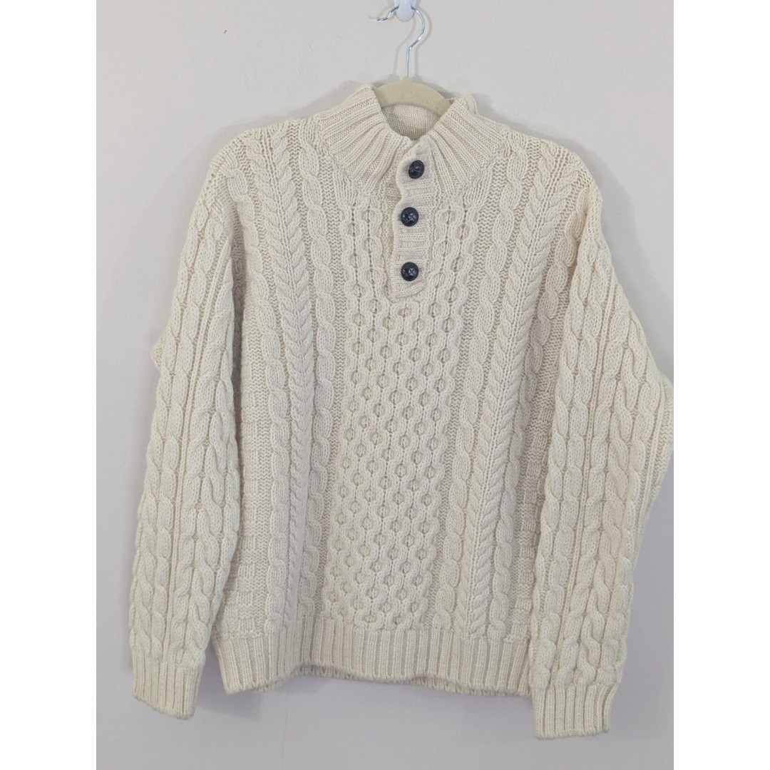 LL Bean Ivory Heavy Fishermans Wool Sweater Cable Knit Henley Mens L