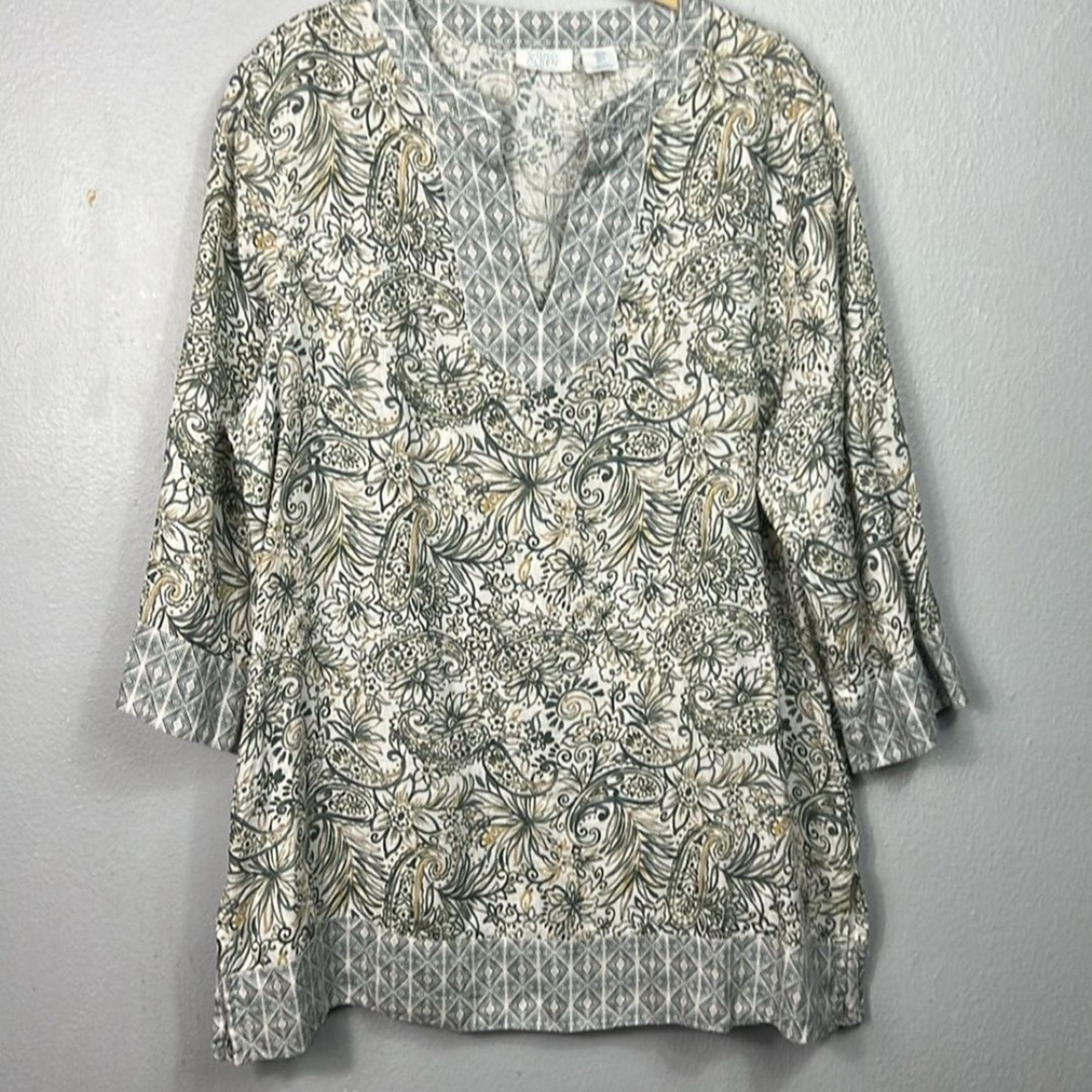 Sigrid Olsen Linen Floral & Paisley Print 3/4 Sleeve Tunic Top Large