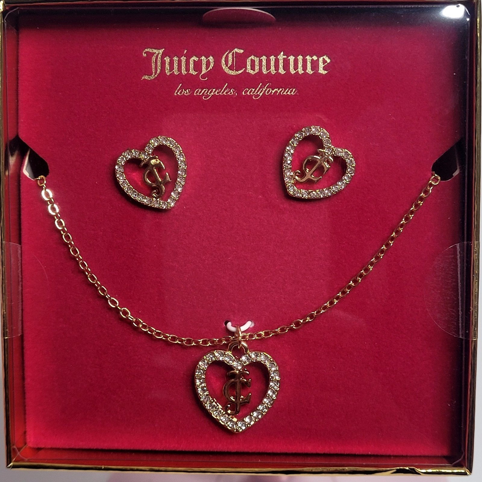 Juicy Couture Gold Heart JC Initials Diamond Cluster Necklace Earring Set NIB