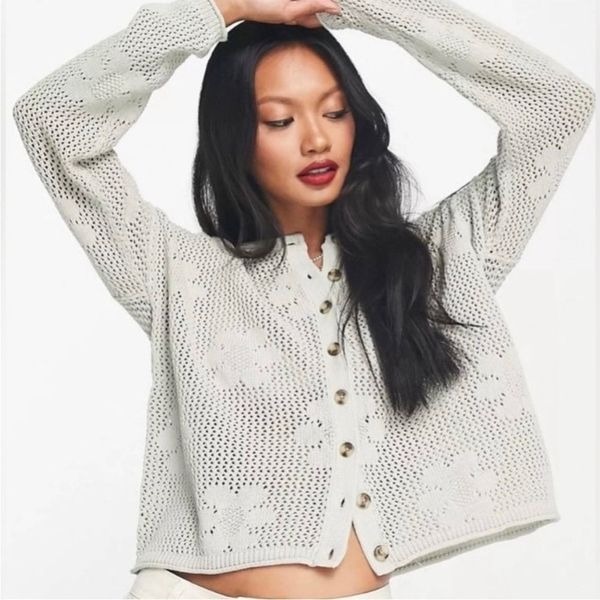 Madewell 100% cotton Floral Open-Stitch Cardigan Sweater NF391 XS NWT