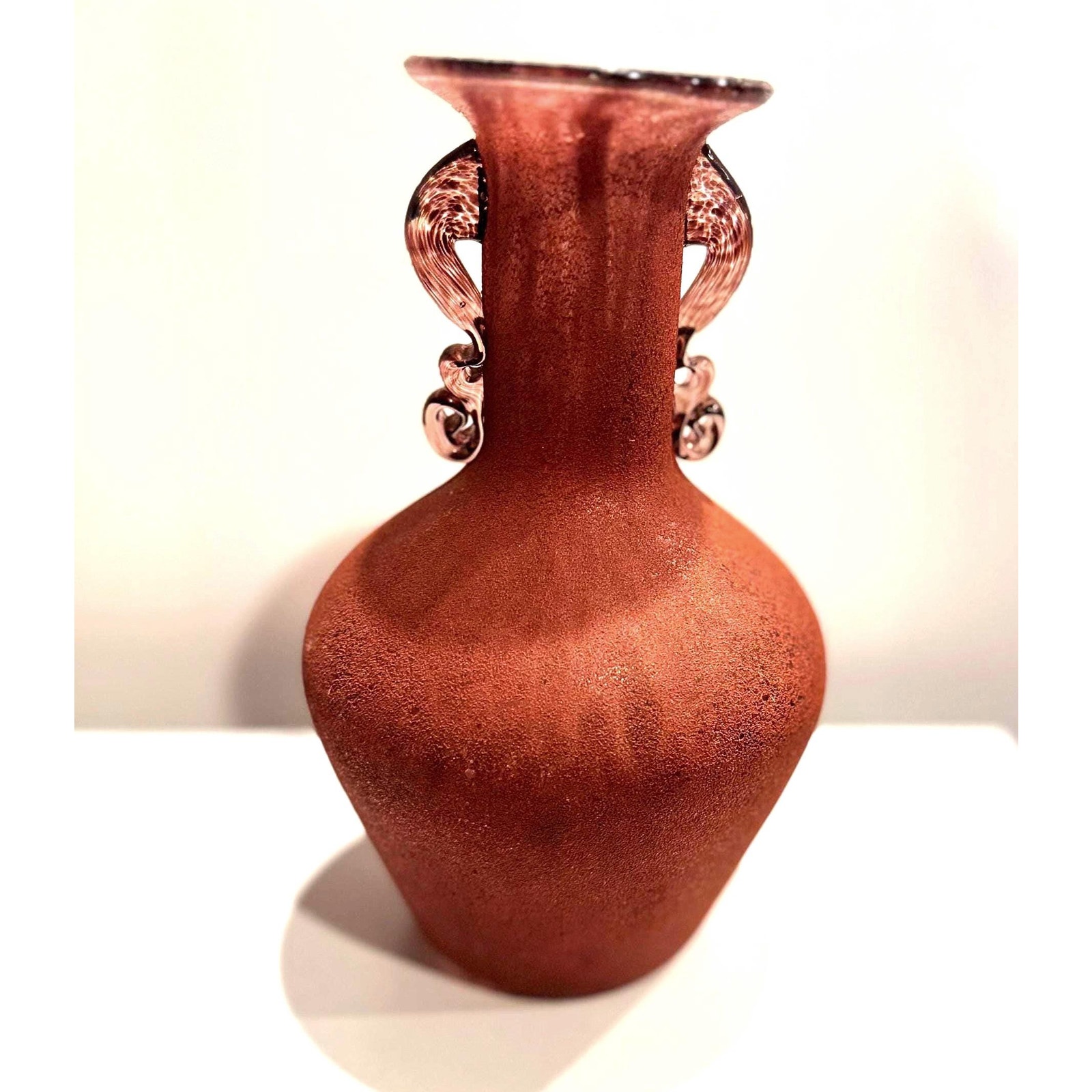 vintage Scavo hand blown vase with texturized finish & tortoise pattern handles