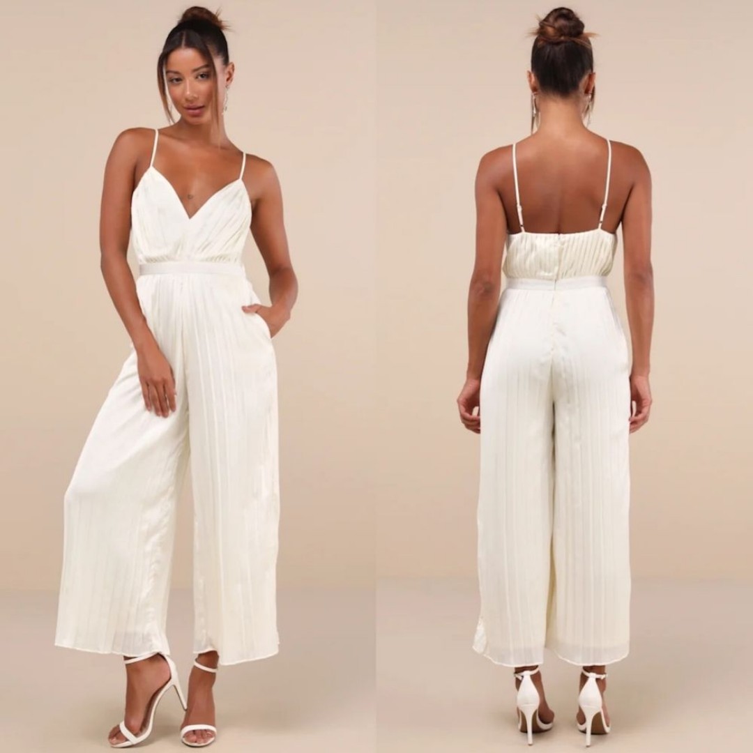 Lulus Stellar Poise Ivory Pleated Satin Wide-Leg Jumpsuit XL Wedding Party