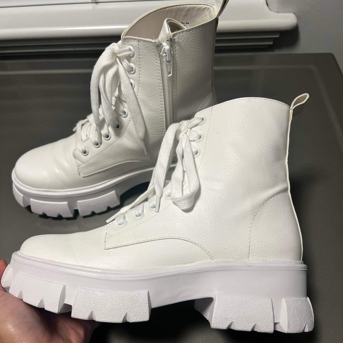 Steve Madden THORA Faux Leather White Combat Boots